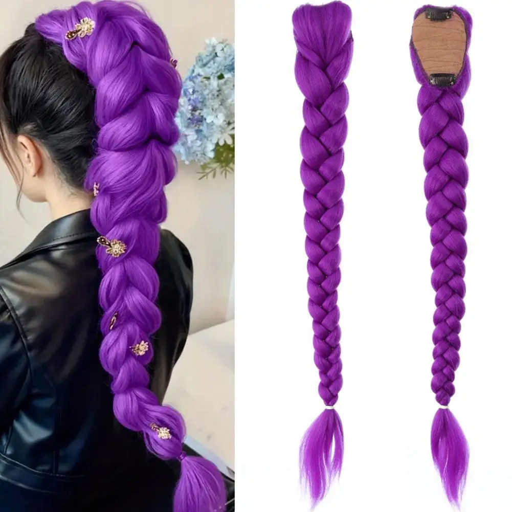Rumi Rabo de Cavalo Sintético Trançado Roxo 26 polegadas de Comprimento com Presilhas para Crianças Meninas, Estilo de Cabelo para Halloween, Natal e Cosplay
