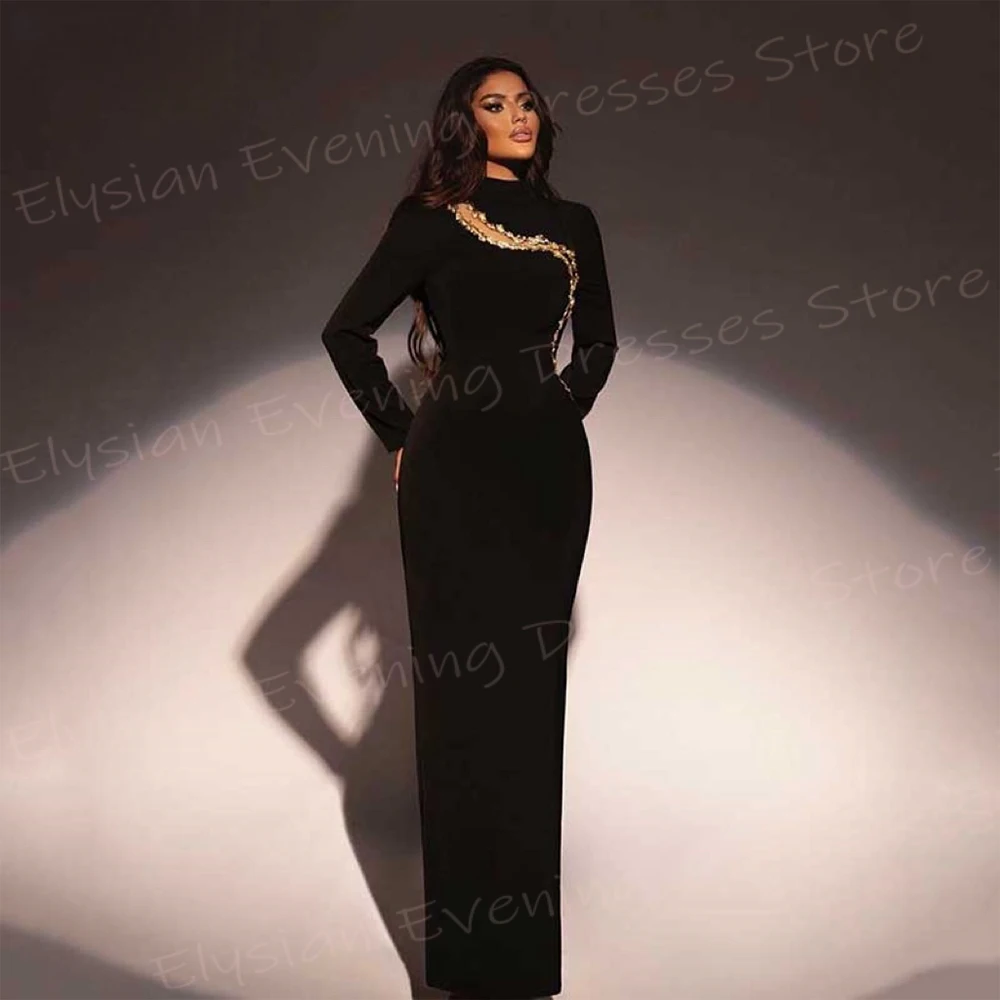 Modest Black Women's Mermaid Generous Evening Dresses New High Neck Formal Party Prom Gowns Long Sleeve Beaded Vestido De Noche