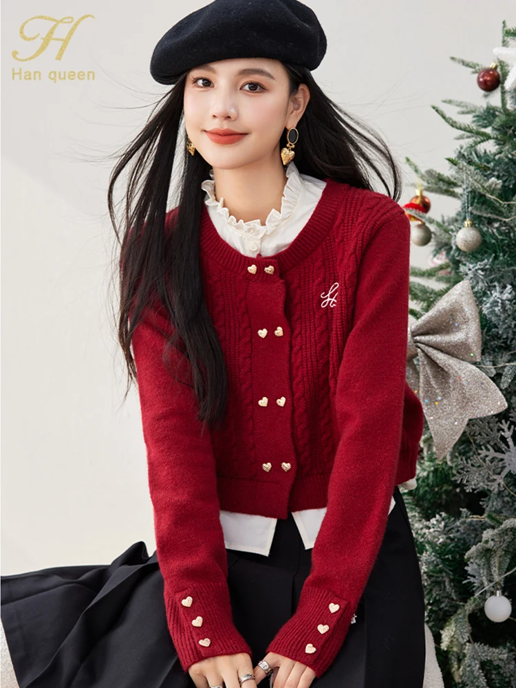 H Han Queen Korean Color Blocking Knitted Red Christmas Cardigan Sweater Women Casual Long Sleeve Autumn Vintage Sweaters Tops