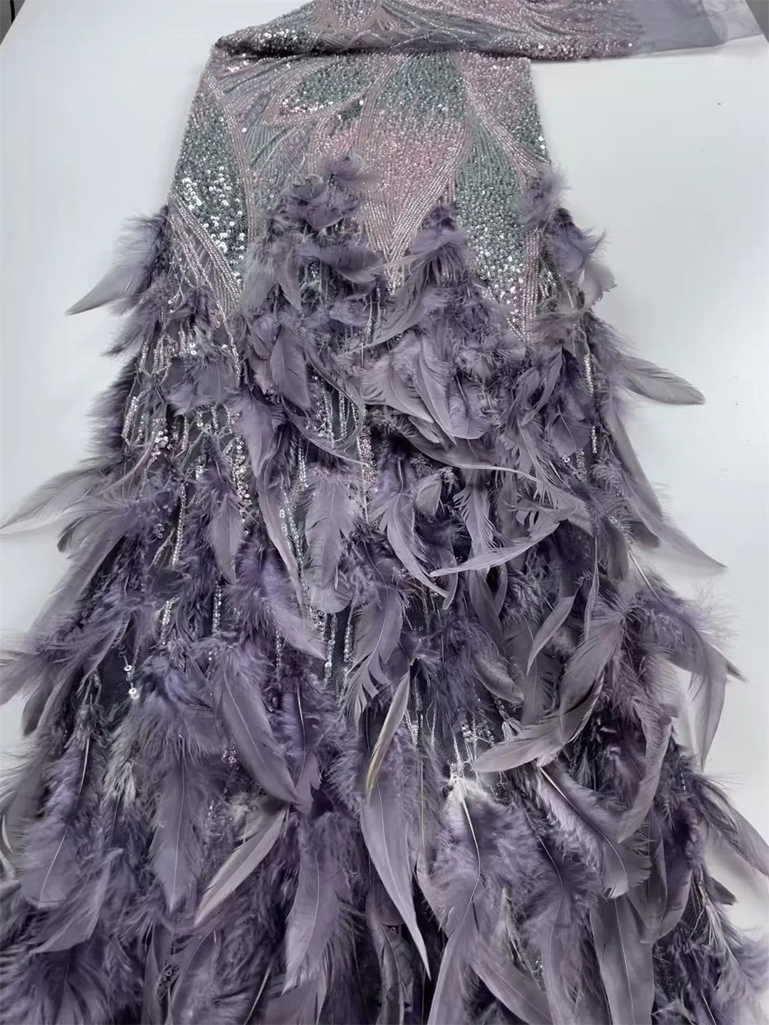 2025 African 3D Feather High Quality Nigerian Tulle Lace Fabric Beaded Embroidery Party Dress Sequins French For Sewing