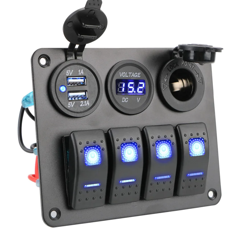 Rocker switch, LED double-sided board, USB port, internal accessories panel, aluminum, 4 sets of waterproof digital voltmeter