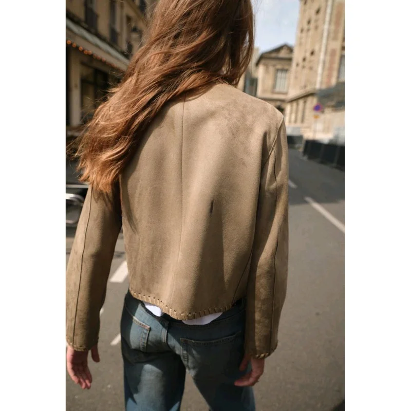 

Fall New Arrival Women's Simple Sle round Ne Long Sve Faux Leather Effect Woven Jaet Outerwear Casual Straight Fit
