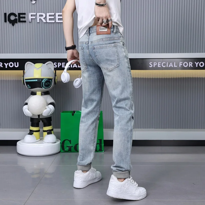 Summer Thin Embroidery Printed Jeans Men's Slim-Fitting Small Straight2024New Men's Wear Trend Casual Long Pants