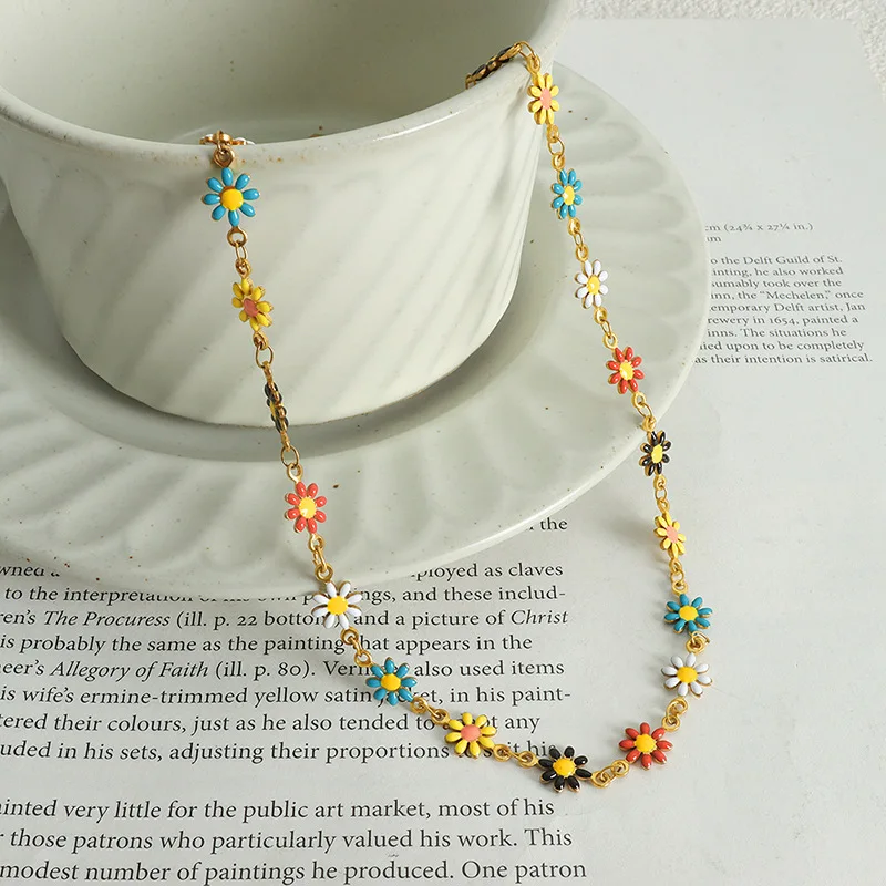 New Stainless Steel Necklace Bracelet For Women Bohemia Colorful Daisy Flower Enamel Women Jewelry Sets Party Gifts