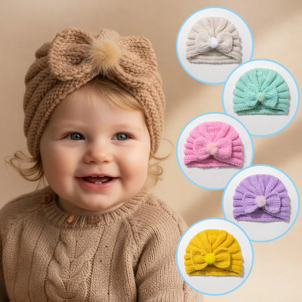 

Sweet Cable Knit Bow Pom Pom Baby Turban Hat Elastic Warm Toddler Headwear For Daily Travel And Newborn Photoshoot Outfit