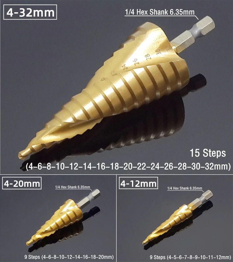 Step Drill Bit Saw Drill Bit Set Titanium 4-12 4-20 4-32mm Wood Metal Hole Cutter Cone Drills Drilling Tool 3 6 8mm Twist Drill