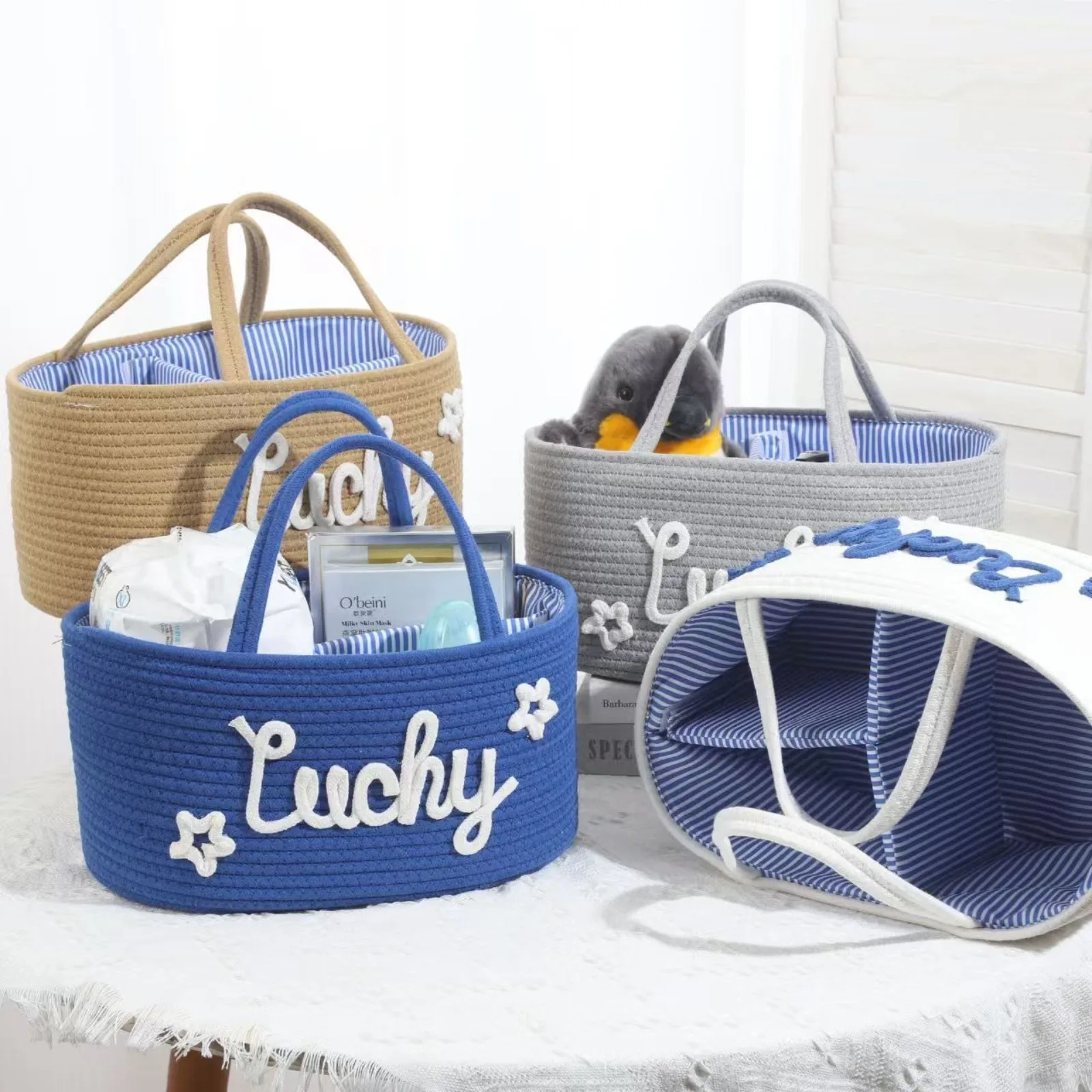 

Personalized Alphabet Woven Cotton Rope Baby Basket Removable Lining Wet & Dry Storage Basket Handheld Storage Basket