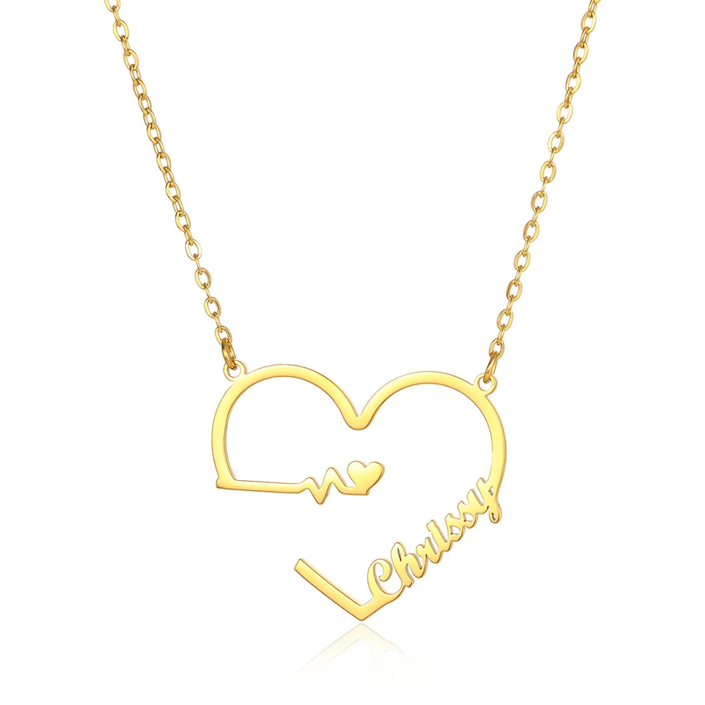 Custom Gold Color Heartbeat Name Necklace Women Girl Romantic Jewelry Stainless Steel Nameplate Pendant Necklace Best Gifts