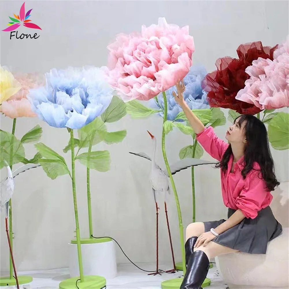 Flores Gigantes Decoracion Gauze Mesh Flower Connect Electricity Floral Head Opened and Closed Wedding Decoration Mariage Props