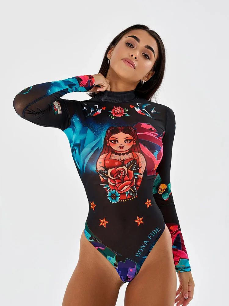 Body con estampado de muñeca para mujer, ropa de discoteca Sexy, manga larga, cuello alto, entallado, ropa de calle informal