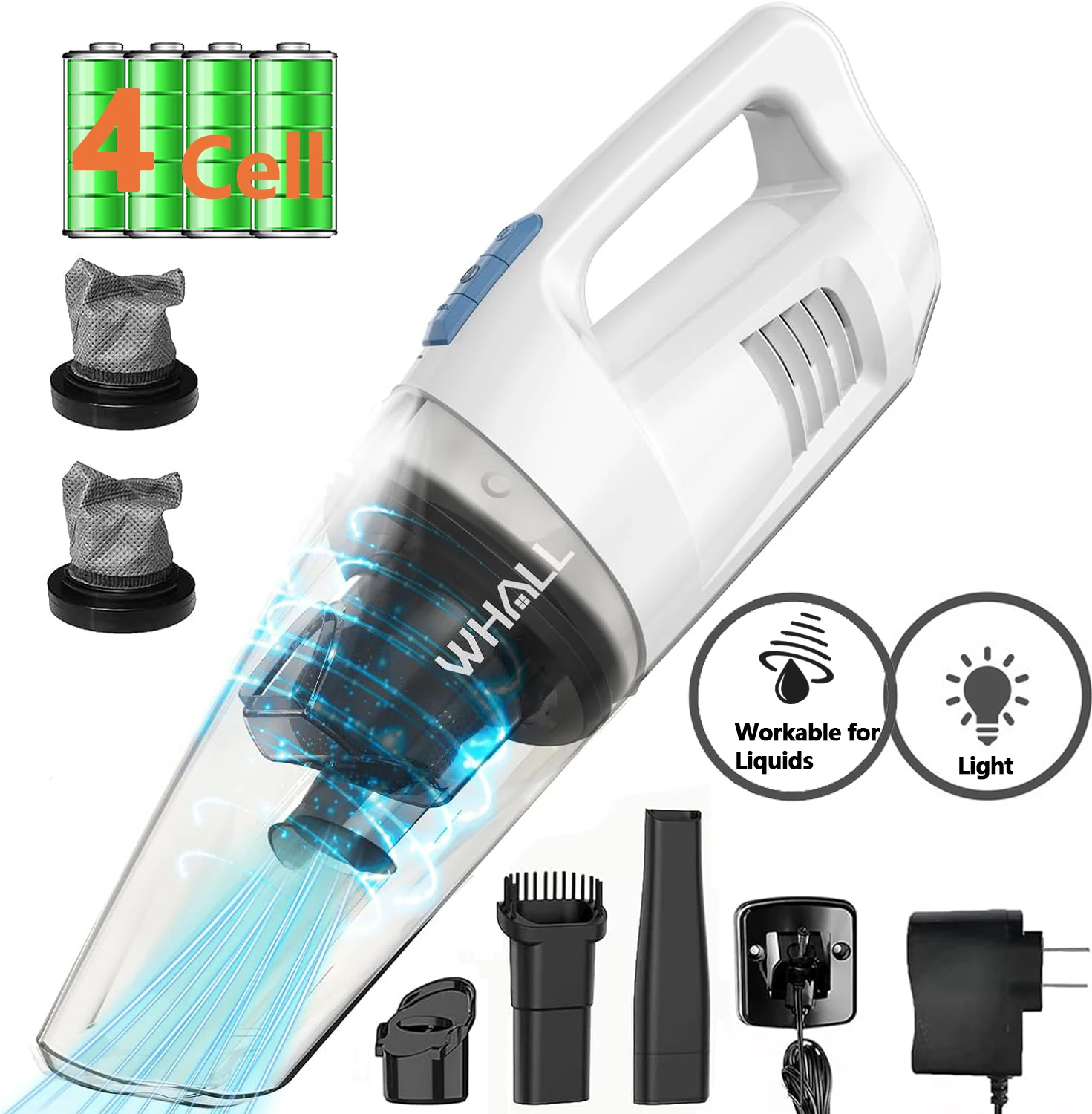 

WHALL Беспроводной ручной пылесос, сильное всасывание 8500 PA, влажная и сухая для дома, легкий портативный мини-пылесос со светодиодом