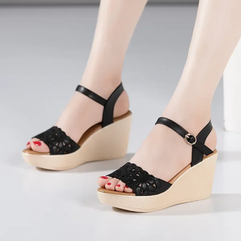 8cm Small Size 32-43 Summer Comfortable Platform Wedges Sandals 2024 Floral Cutout High Heels Shoes for Office Mom Beach