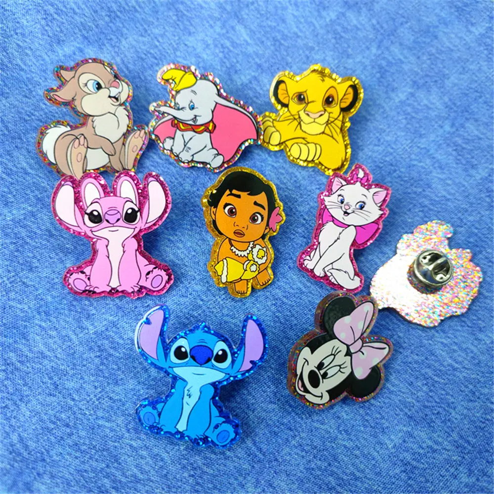 1pcs Stitch Dumbo marie cat moana Minnie Acrylic Lapel Pin Simba Brooches Handmade Epoxy Jewelry Shirt Bag Badge