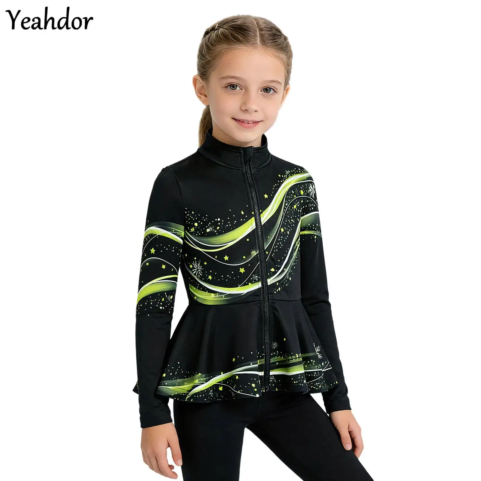 

Girls Stylish Print Figure Skating Jacket Long Sleeve Zipper Peplum Fleece Lined Sweatshirt Ballet Dance Gymnastics Outerwear