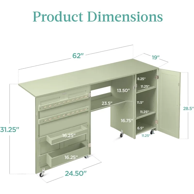 Large Folding Sewing Table, Multipurpose Portable Craft Station & Side Desk w/Compact Design, Caster Wheels, Storage Shelves,