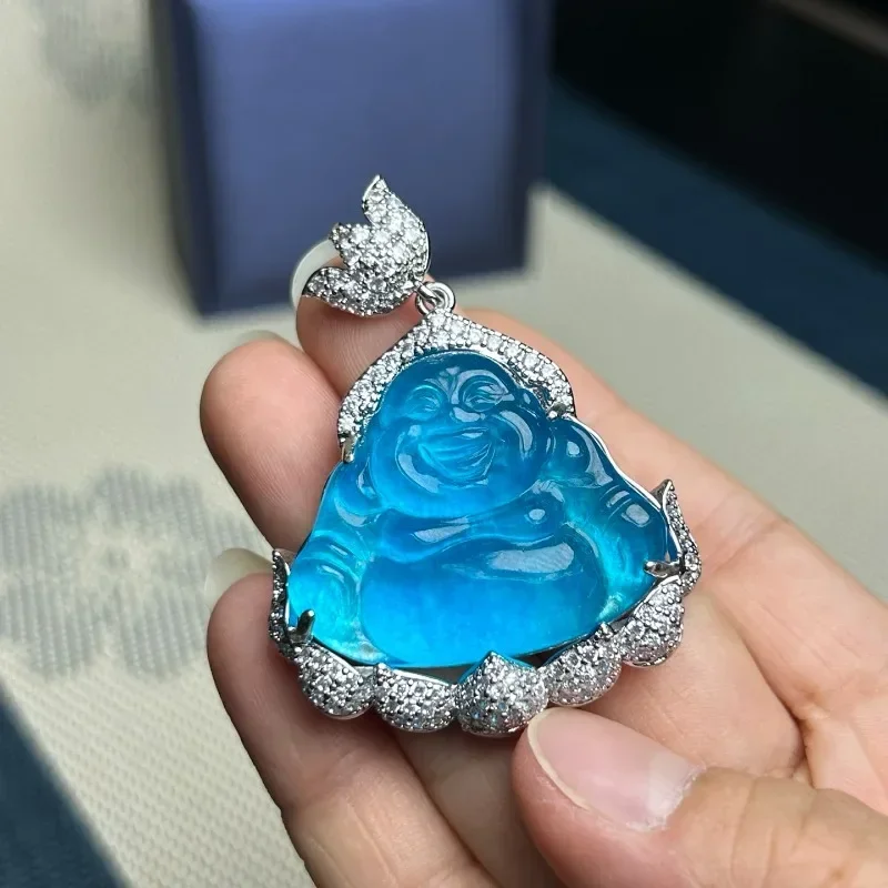 

Natural High Ice Quartzite Jade Blue Buddha Gong Pendant Necklace
