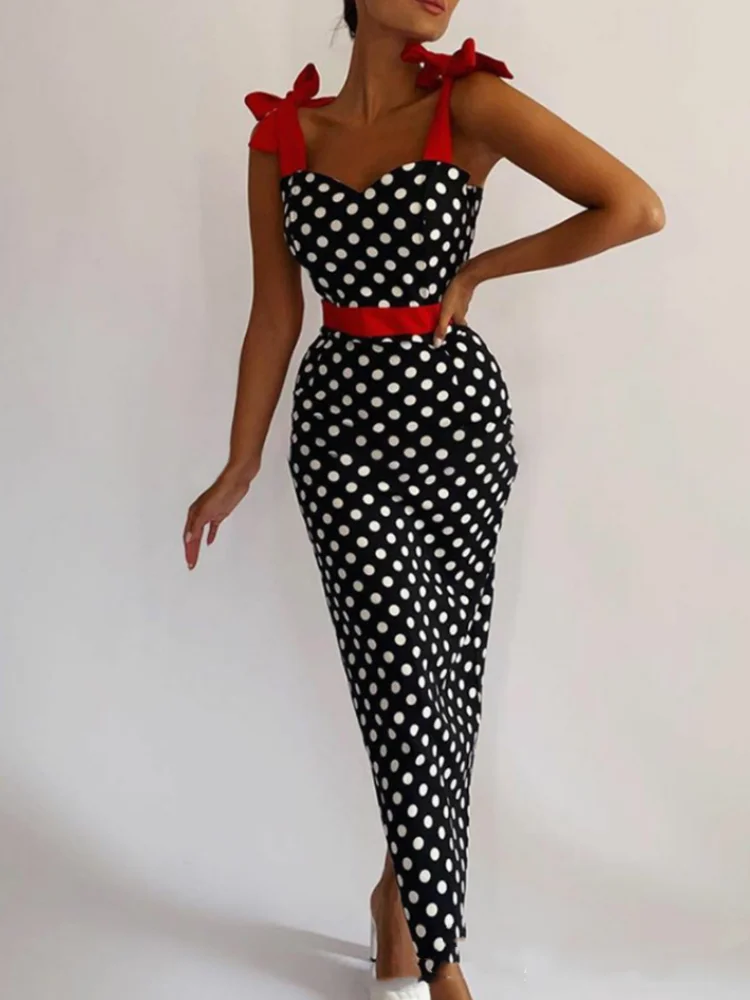 

BKLD Women Clothing 2024 New Summer Off The Shoulder Lace-Up Spaghetti Strap High Waist Dot Printed Patchwork Party Long Dresses