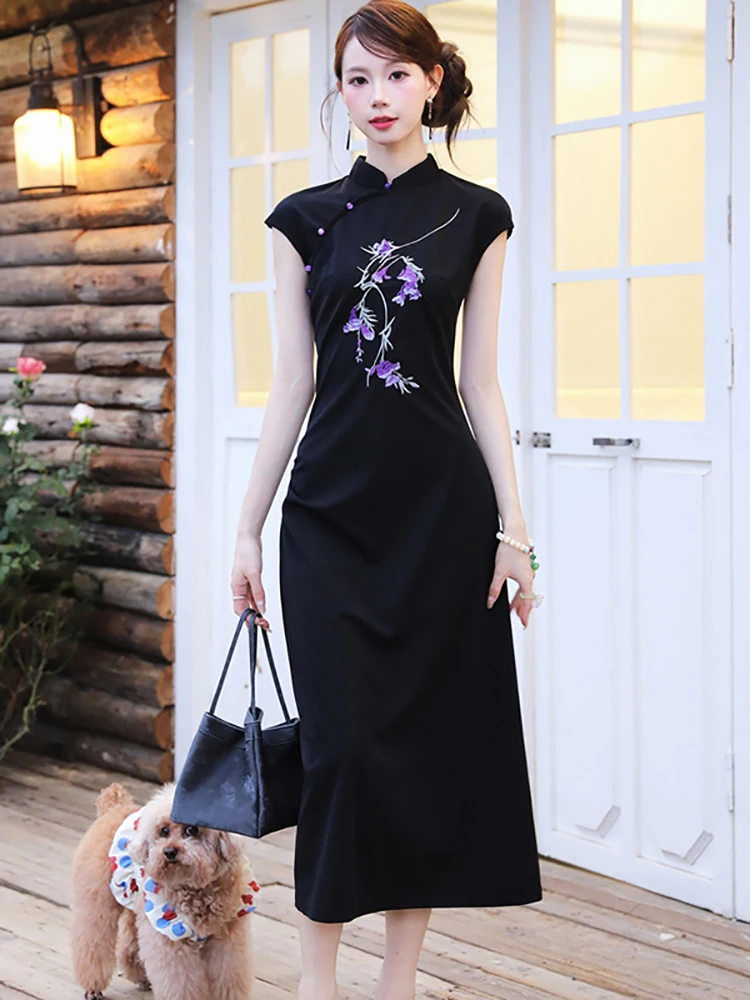 Zomer Zwarte Bloemen Korte Mouw Stand Kraag Jurk Vrouwen Vintage Hepburn Luxe Jurk 2025, Elegante Bodycon Fesitval Lange Jurken