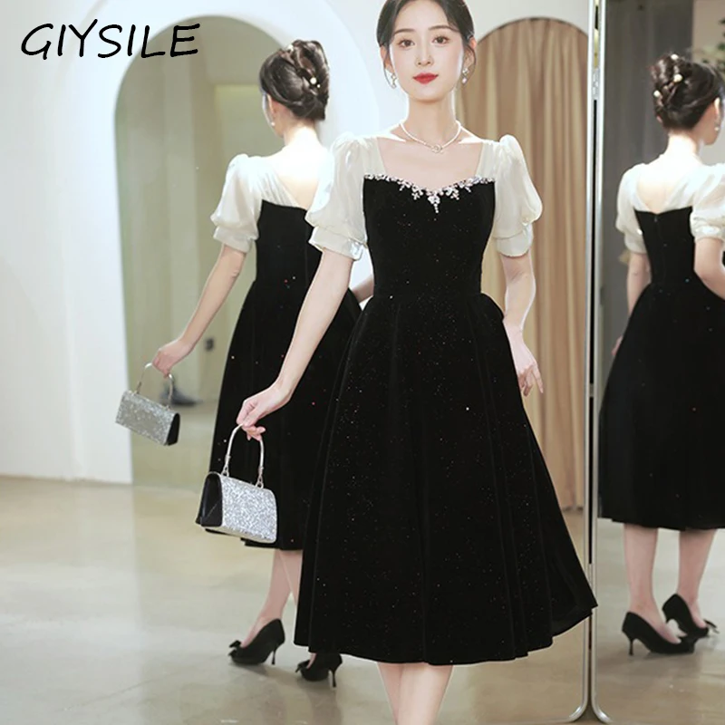 GIYSILE Abiti da sposa neri Abito da sposa a maniche corte per fidanzamento Abiti da sera con colletto quadrato Abiti da festa