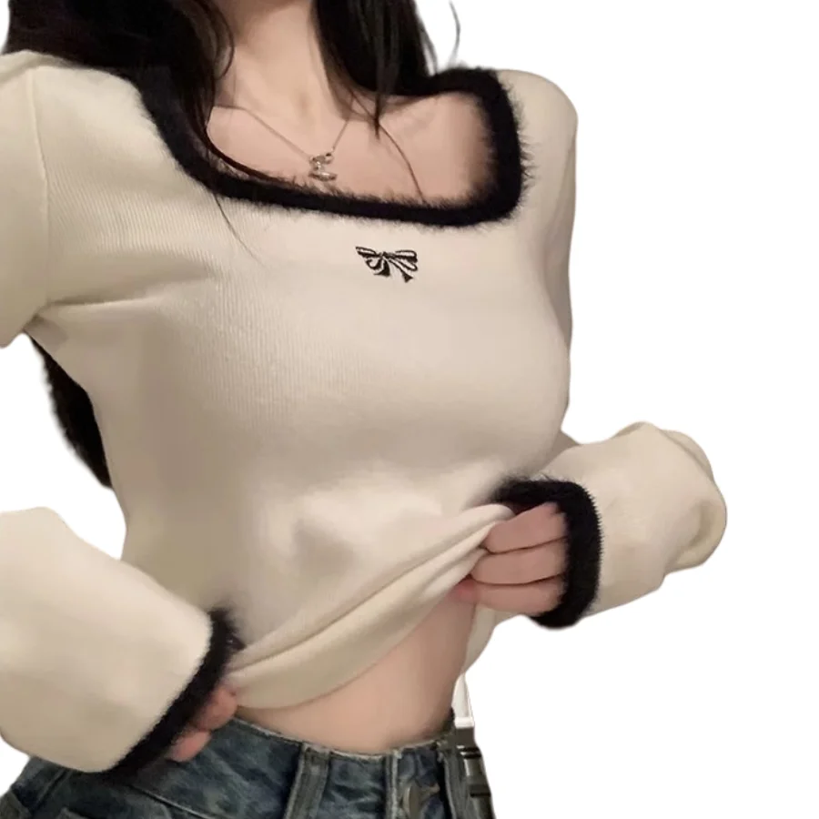 

Elegant Velvet Bottoming Shirt for Ladies Long Sleeves Bow Embroidery Keep Warm Versatile Slim 2024 Autumn and Winter New Styles