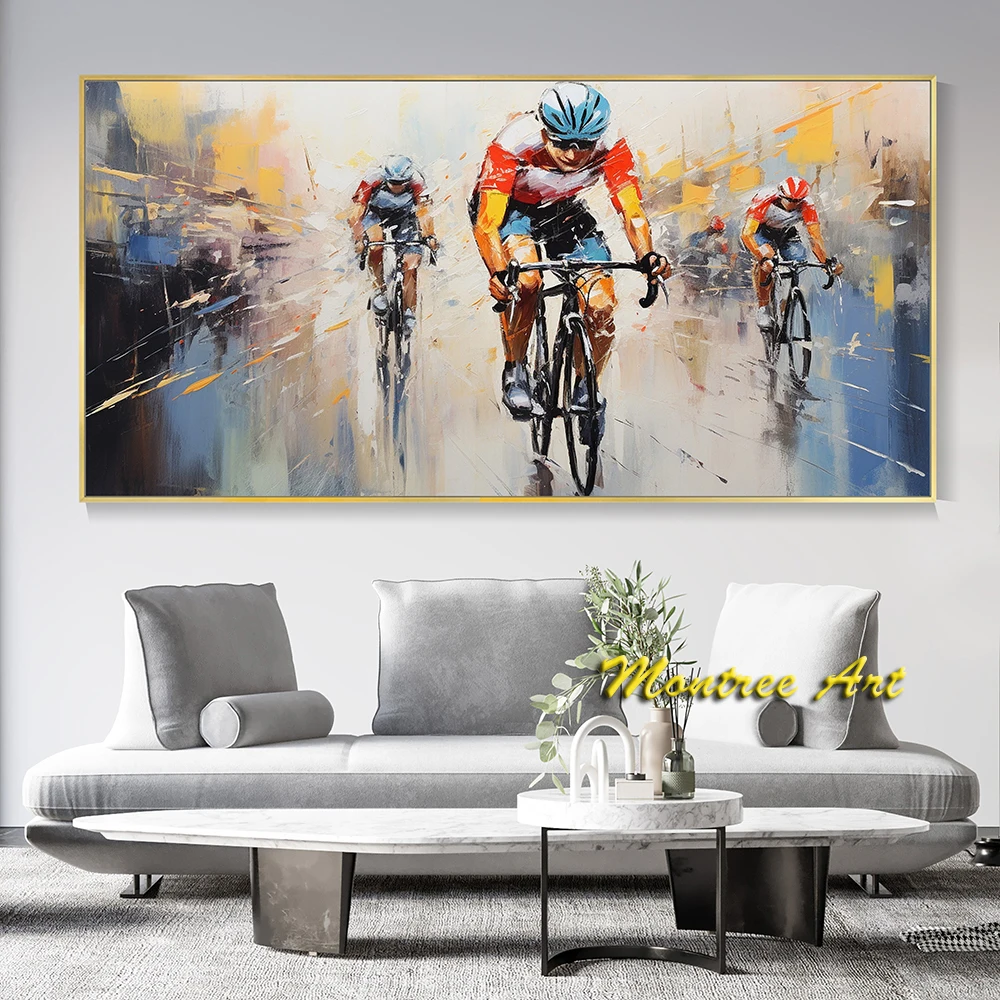 Hand Painted Oil Painting Large Cycling Sports Textured Wall Art Abstract Sports Canvas Oil Painting Mountain Biking Wall Art