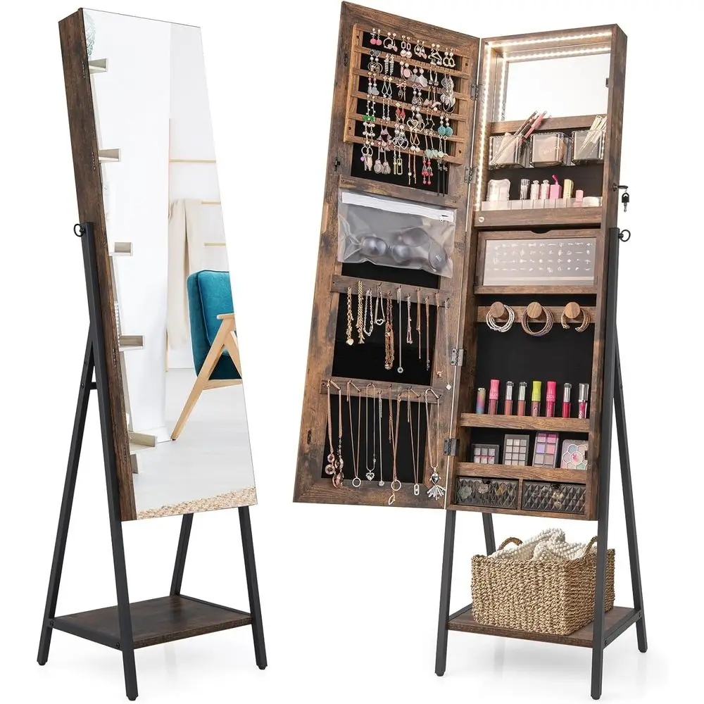 LED Lighted Lockable Jewelry Cabinet with 3-Color Options and Bottom Storage Shelf for Women's Bedroom in Rustic Brown