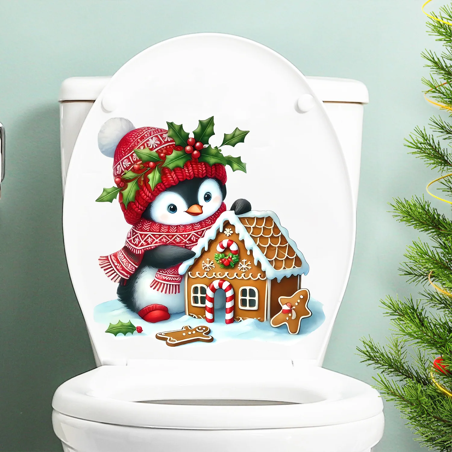 

Christmas Toilet Sticker Waterproof Self-Adhesive Decals with Snowman Penguin Santa Claus Gingerbread Man Festive Bathroom Decor