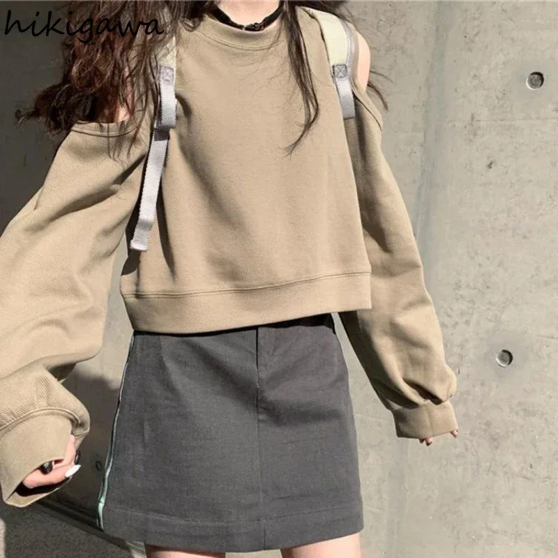 Cotton Off Shoulder Hoodies for Women Loose Long Sleeve Crop Tops Solid Color Hollow Out Sweatshirts Fashion Casual Y2k Clothes