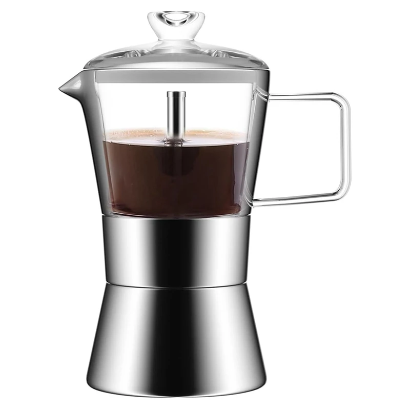 Espresso Moka Pot Glass-Top & Stainless Steel Espresso Moka Pot,Classic Italian Coffee Maker, 240Ml