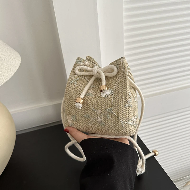 Drawstring Shoulder Bags Casual Summer Beach Woven Straw Small Handbag Large Capacity Crossbody Bags