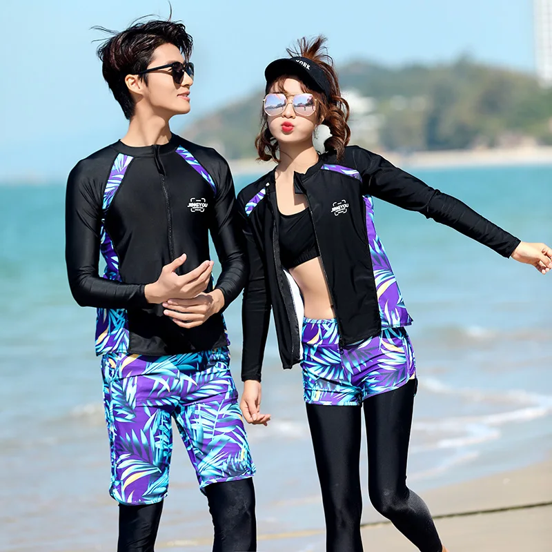 Long Sleeve Split Couple Swimwear Diving Surfing Suit Printed Sports Style Sexy Women Five Piece Set Swimsuit Ladies Trousers