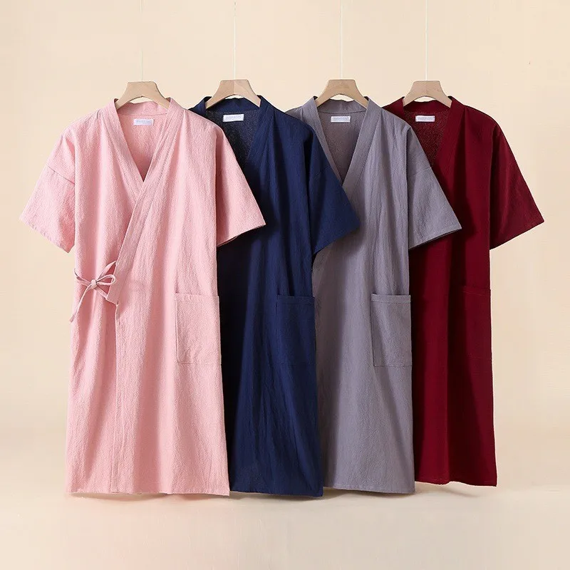 

Spring Summer Women Cotton Linen Robe Solid Bathrobe Couples Matching Short Sleeve Dressing Gown Simple Robes Home Clothes