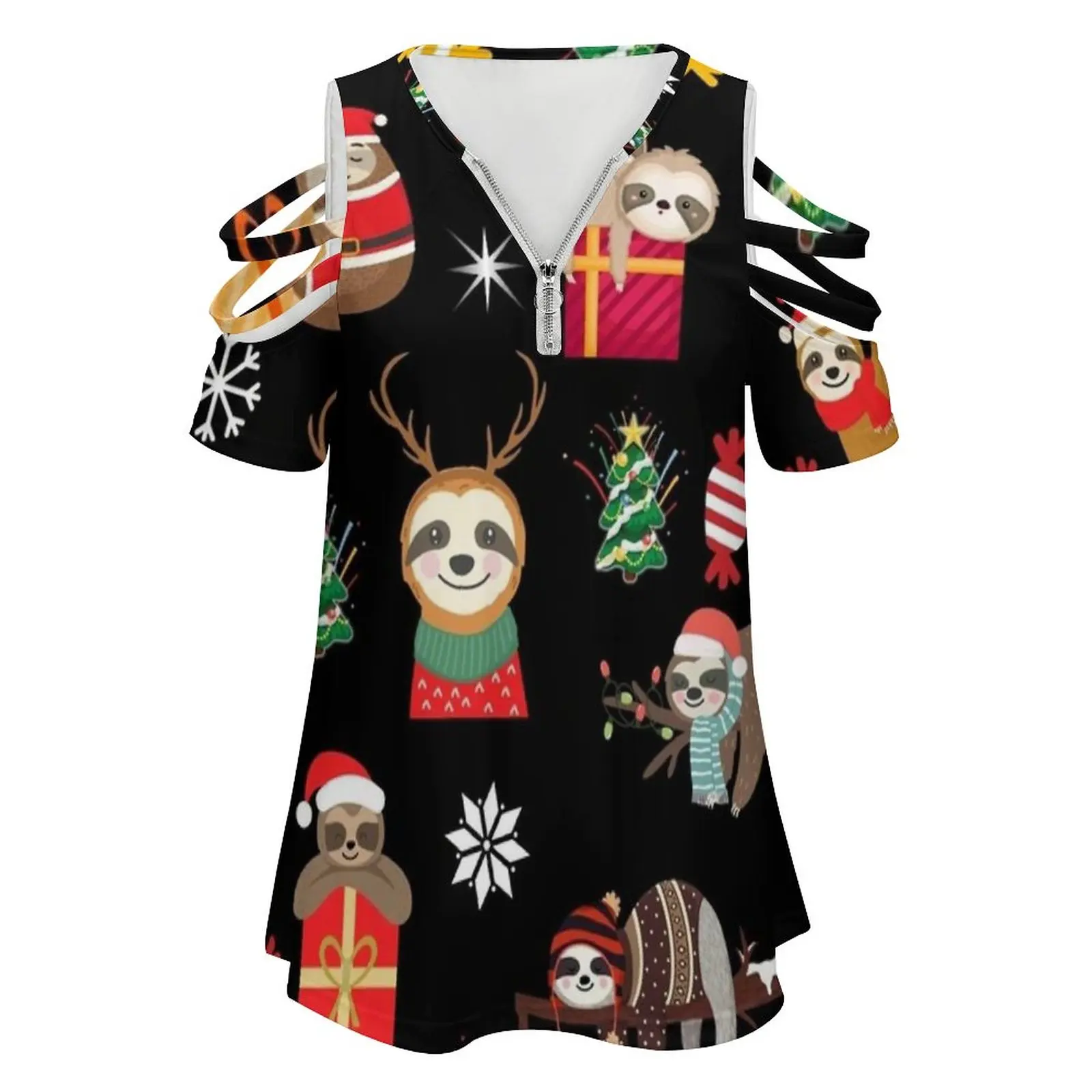 Sloth Christmas Women's T-Shirt New Fashion Printed Zipper V-Neck Short Sleeve T Shirts Casual Plus Size Sloth Christmas