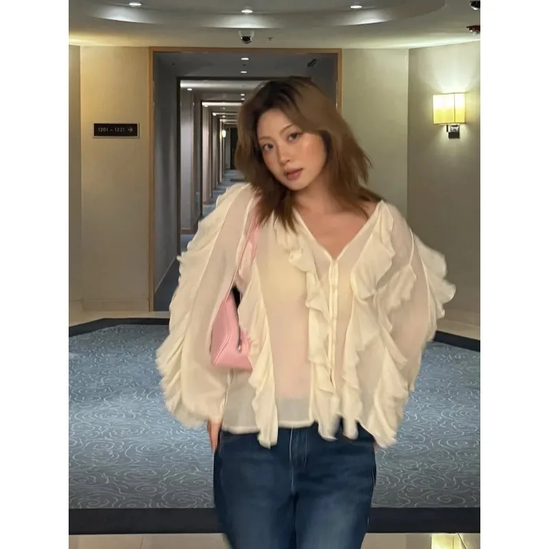 

Chic Ruffled Long Sleeve Chiffon Shirt Women Elegant Solid See Through Single Breasted Loose Tops 2026 Spring Lady Vacation Top