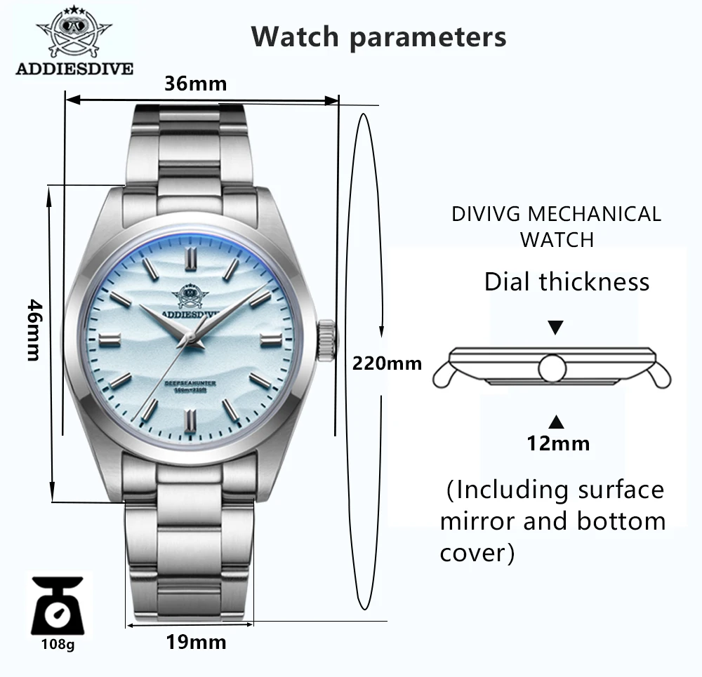 ADDIESDIVE-Montre de luxe en acier inoxydable pour homme, montres à quartz sans logo, verre à bulles de plongée, couvercle de pot miroir, SION L, 10 bars, 36mm, nouveau