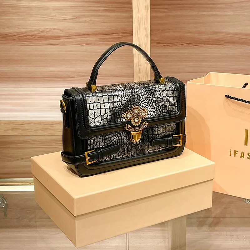 High end leather crocodile pattern handbag 2024 new fashionable buckle bag for female designer single shoulder crossbody bag