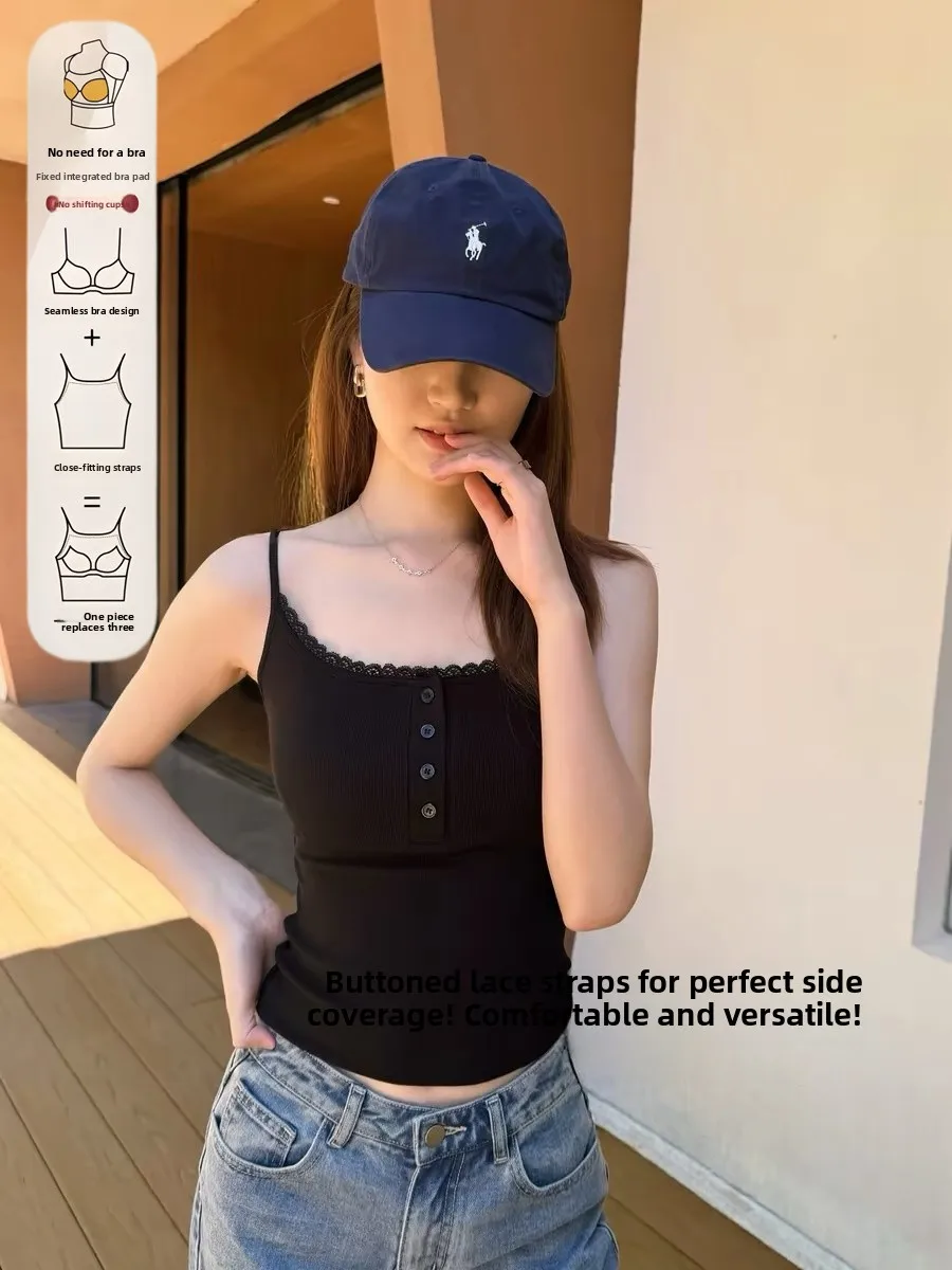 95 Cotton Lace Button Women's Tank Top Inner Wear Outer Wear Slim Fit Base Shirt Summer Simple Style Pure Color