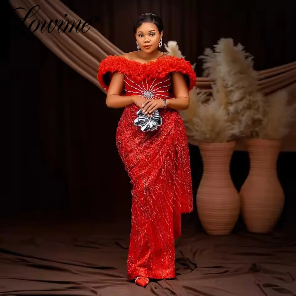 

﻿African Aso Ebi Red Prom Dresses Crystals Beaded Formal Women's Evening Gowns Off Shoulder Celebrity Occasion Dress Customized