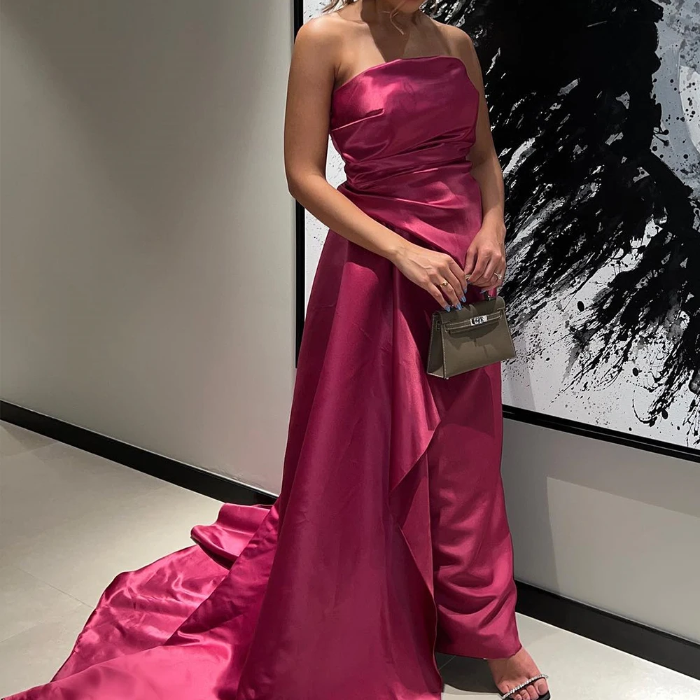 

Customized Modern Panel Train Strapless Evening Dress Graceful Straight Satin Pleats Sleeveless Party Gown vestidos para mujer