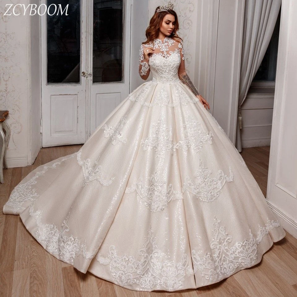 

Customized Luxury High-Neck Shiny Appliques Cape Wedding Dress 2025 Ball Gown Floor Length Sweep Train Princess Bridal Gown