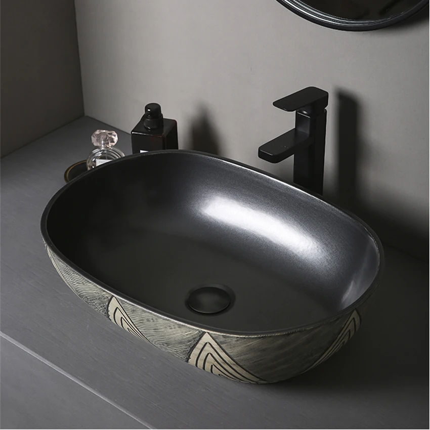 Black Retro Basin Oval Washbasin Single Basin Art Basin Household Outdoor Balcony Courtyard Pool Bathroom Countertop Sinks