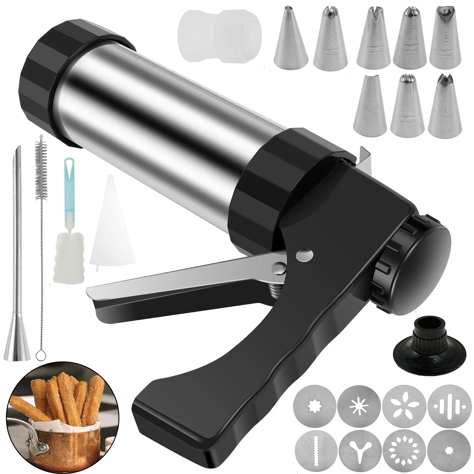 Máquina para hacer Churro DIY, Kit de pistola de prensado de galletas, juego de pistola para decoración de crema y pasteles de acero inoxidable, herramientas de boquilla para pastelería y galletas