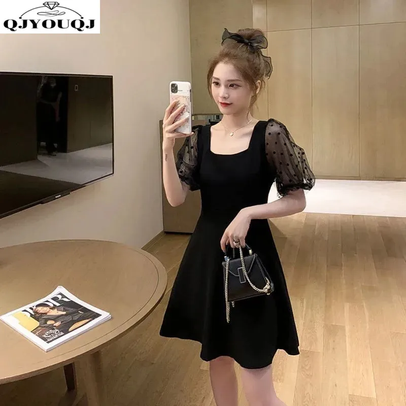 

2024 Spring/Summer Korean Edition New Waist Slimming Style Combination Chiffon Dress Black Fashion Dress