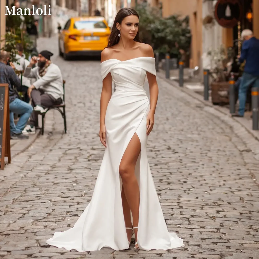 Elegant Off Shoulder Mermaid Bride Dress Satin Side Stitching Detachable Train Wedding Dress Formal Bridal Dress Customization