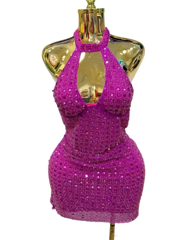 

Women's clothing is fashionable and sexy European, American and African heavy industry beaded sequins hanging neck deep V dress