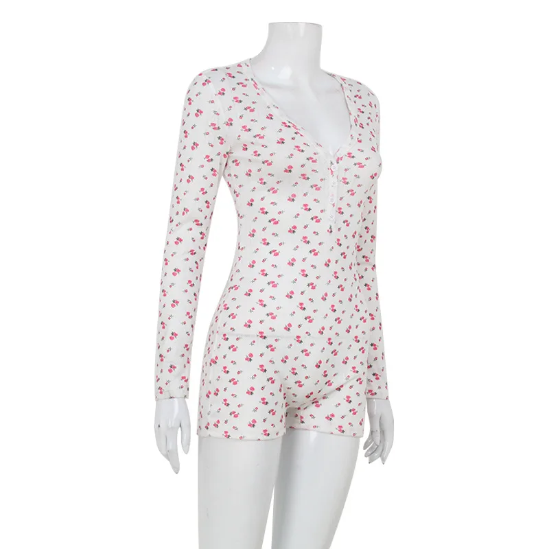 بدلة قفز صيفية جديدة بأكمام طويلة مُزينة بالزهور لعام 2025 ، بدلة تنحيف على شكل حرف v بتصميم جميل ملابس منزلية