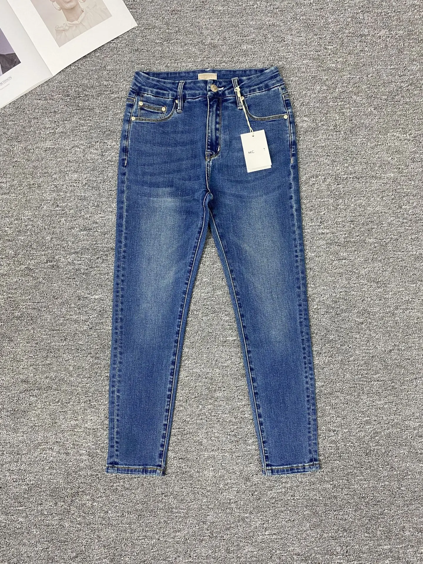 Jeans jeans fino de cintura alta feminino, comprimento do tornozelo, elástico alto, moda casual