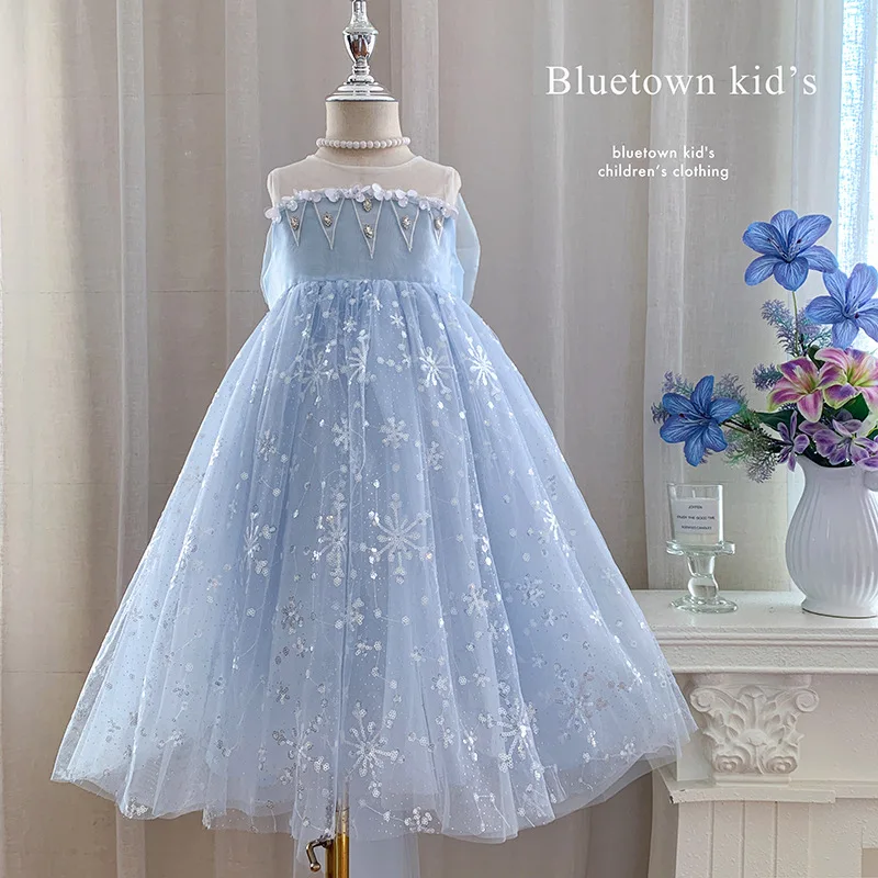 Baby Girls' Beautiful Princess Dress 2026 New Summer Solid Color Blue Children's Tail Birthday Mesh Dress