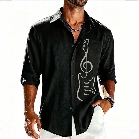 Men's shirt retro rock guitar note print men's long sleeved shirt fashionable collar shirt outdoor street loose casual men's top