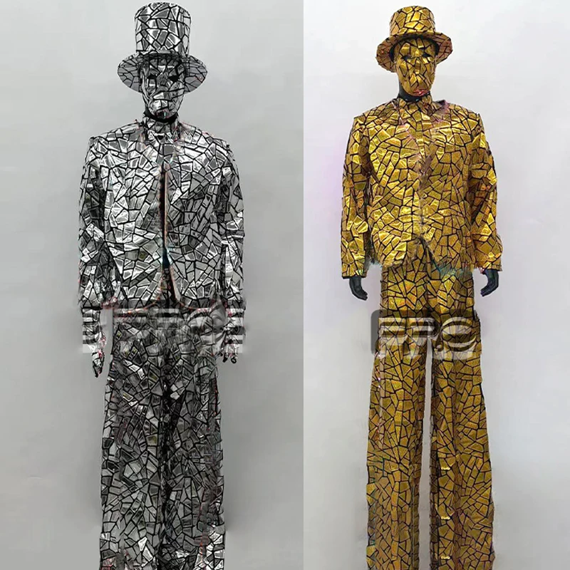 

Gold Silver Mirrors Costumes Men Women Cosplay Pole Dance Festival Outfit Gogo Dancer Costume Stage Performance Clothes XS10028